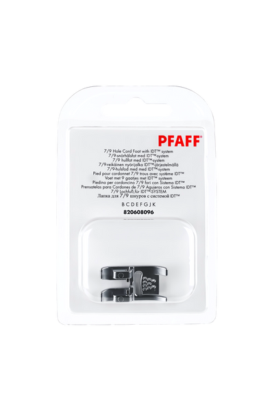 PFAFF 7/9 Lochfuß für IDT-System J K L in vollständiger Originalverpackung von vorne mit sichtbarem Nähfuß