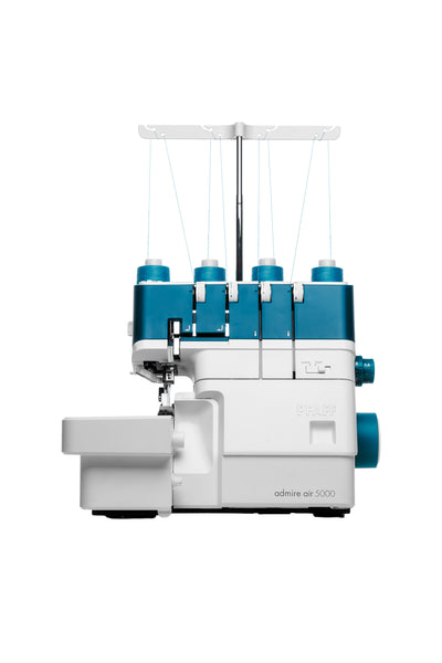 PFAFF admire air 5000 overlock machine in a straight front view, isolated without a shadow on the floor