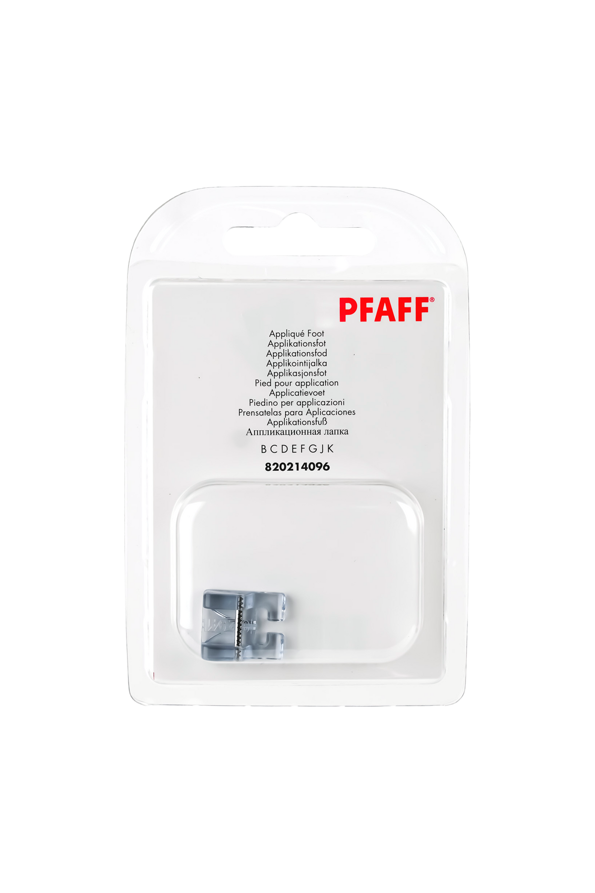 PFAFF Applikationsfuß J K L in vollständiger Originalverpackung von vorne mit sichtbarem Nähfuß