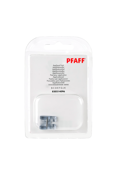 PFAFF Applikationsfuß J K L in vollständiger Originalverpackung von vorne mit sichtbarem Nähfuß