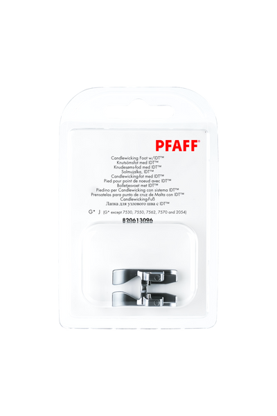 PFAFF Candlewicking-Fuß für IDT-System J K L in vollständiger Originalverpackung von vorne mit sichtbarem Nähfuß