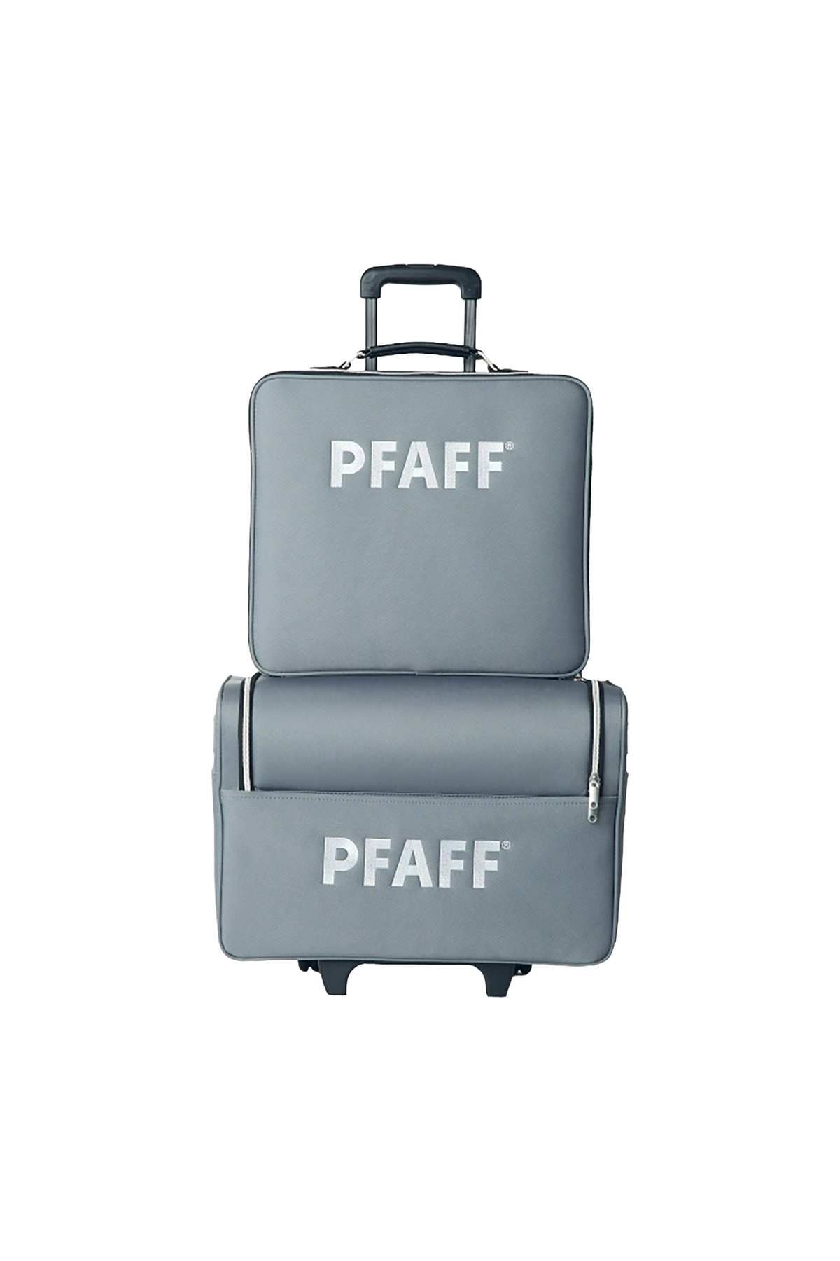 PFAFF Kofferset mit zwei grauen Taschen für Nähmaschine und Stickaggregat sowie ausziehbarem Trolleygriff