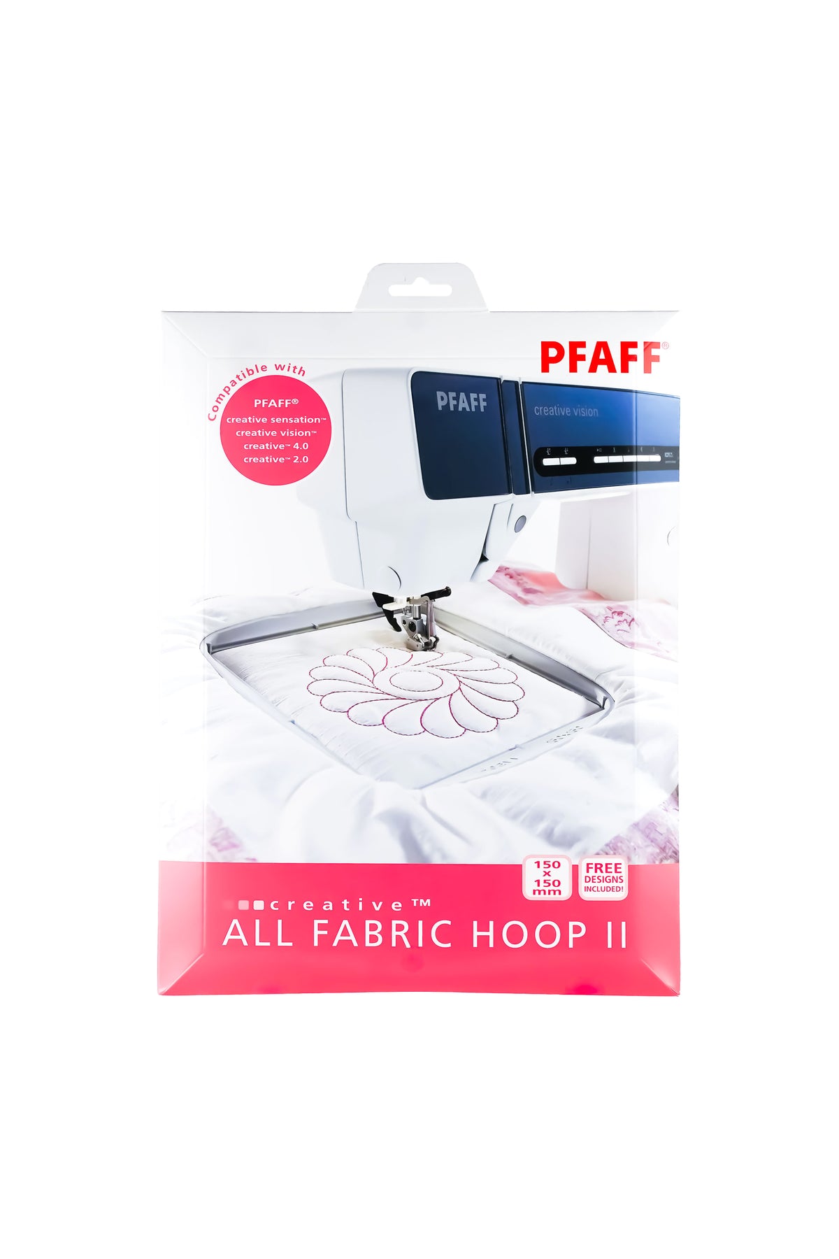 PFAFF Creative All Fabric Hoop II – Cadre à broder 150 × 150 mm, dans son emballage d'origine complet avec motif de broderie imprimé