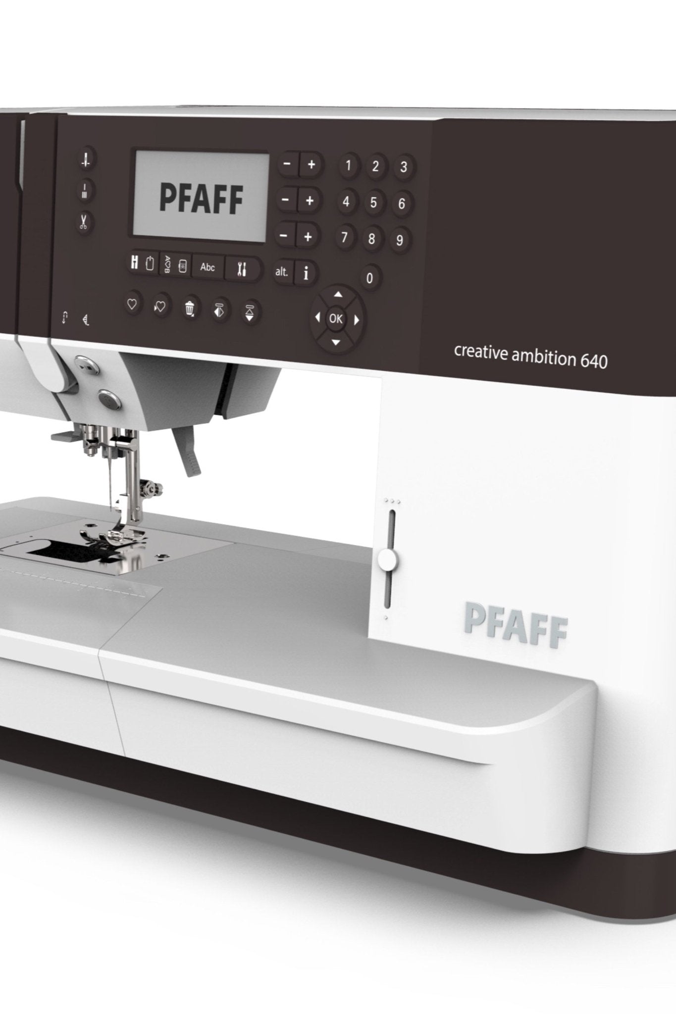 Panneau de commande et zone de couture de la PFAFF creative ambition 640 en vue oblique