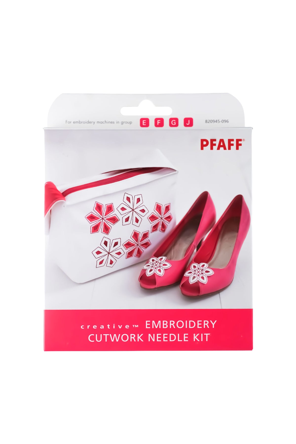 PFAFF creative Embroidery Cutwork-Nadelset J L in vollständiger Verkaufsverpackung mit roten Schuhen und bestickter Tasche als Verpackungsaufdruck