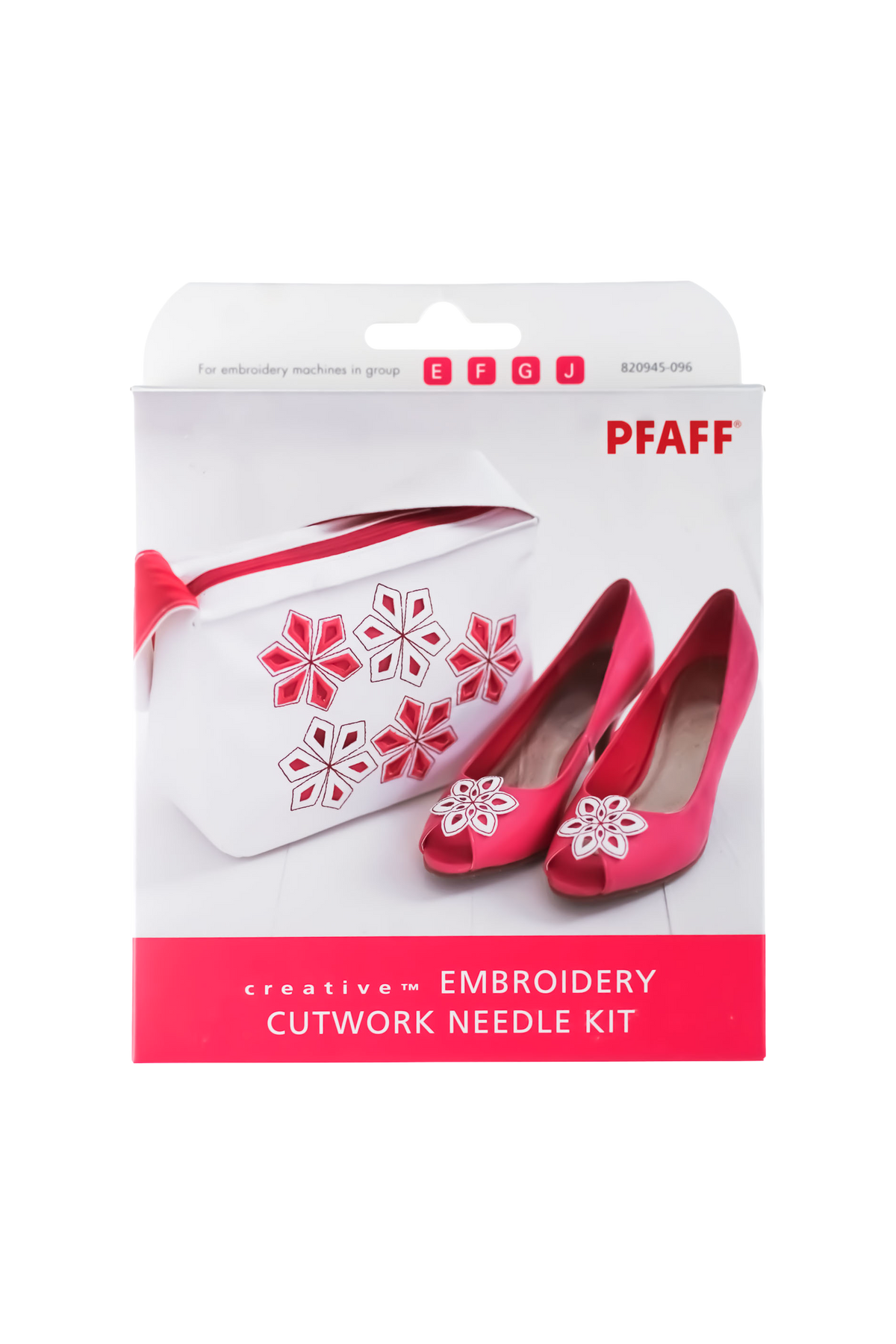 PFAFF creative Embroidery Cutwork-Nadelset J L in vollständiger Verkaufsverpackung mit roten Schuhen und bestickter Tasche als Verpackungsaufdruck
