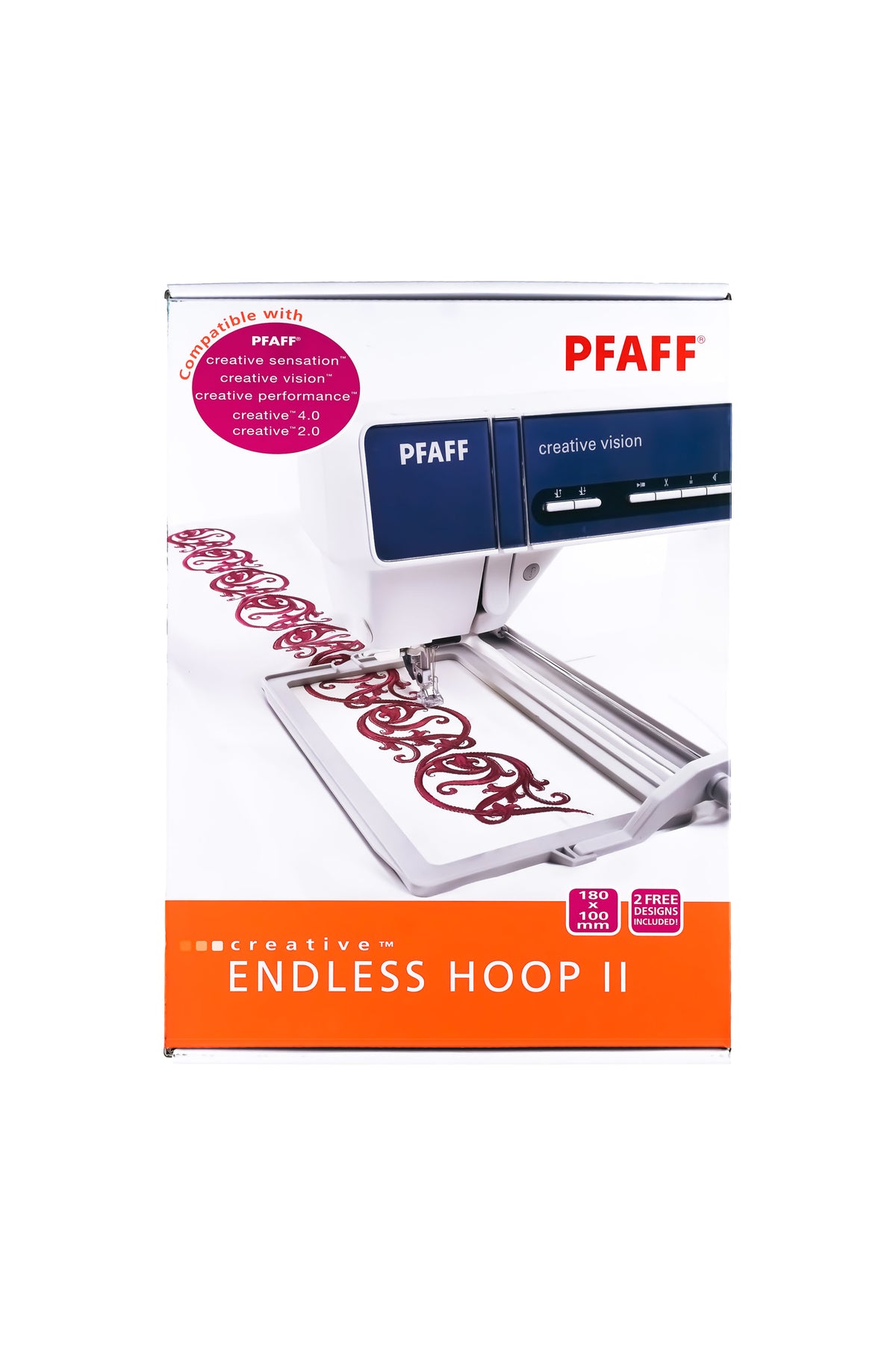 Cadre à broder PFAFF Creative Endless Hoop II, 180 × 100 mm, dans sa boîte d'origine complète avec un motif de broderie de bordure imprimé dessus