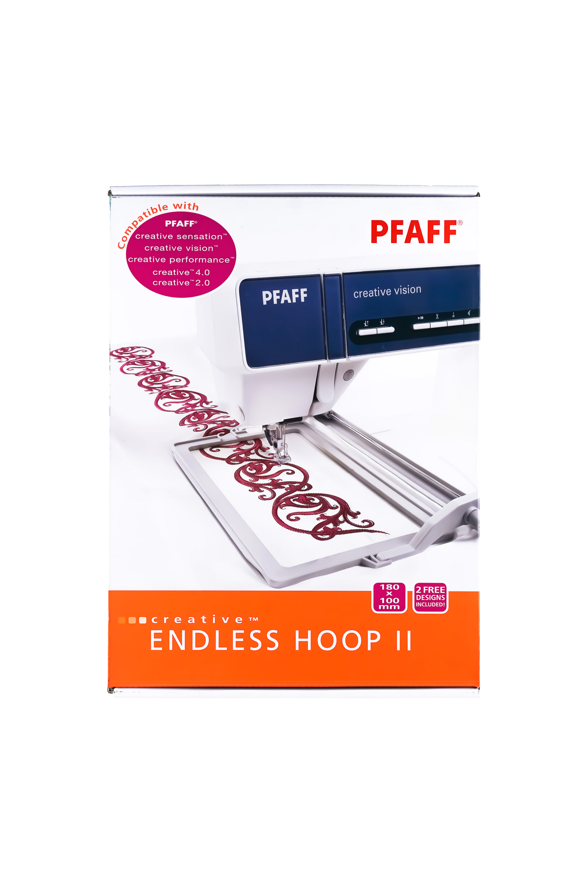 PFAFF creative Endless Hoop II Stickrahmen 180 × 100 mm in vollständiger Originalbox mit aufgedruckter Bordürenstickerei