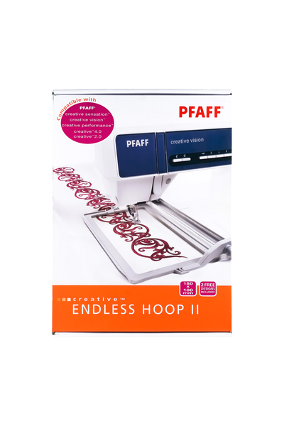 PFAFF creative Endless Hoop II Stickrahmen 180 × 100 mm in vollständiger Originalbox mit aufgedruckter Bordürenstickerei