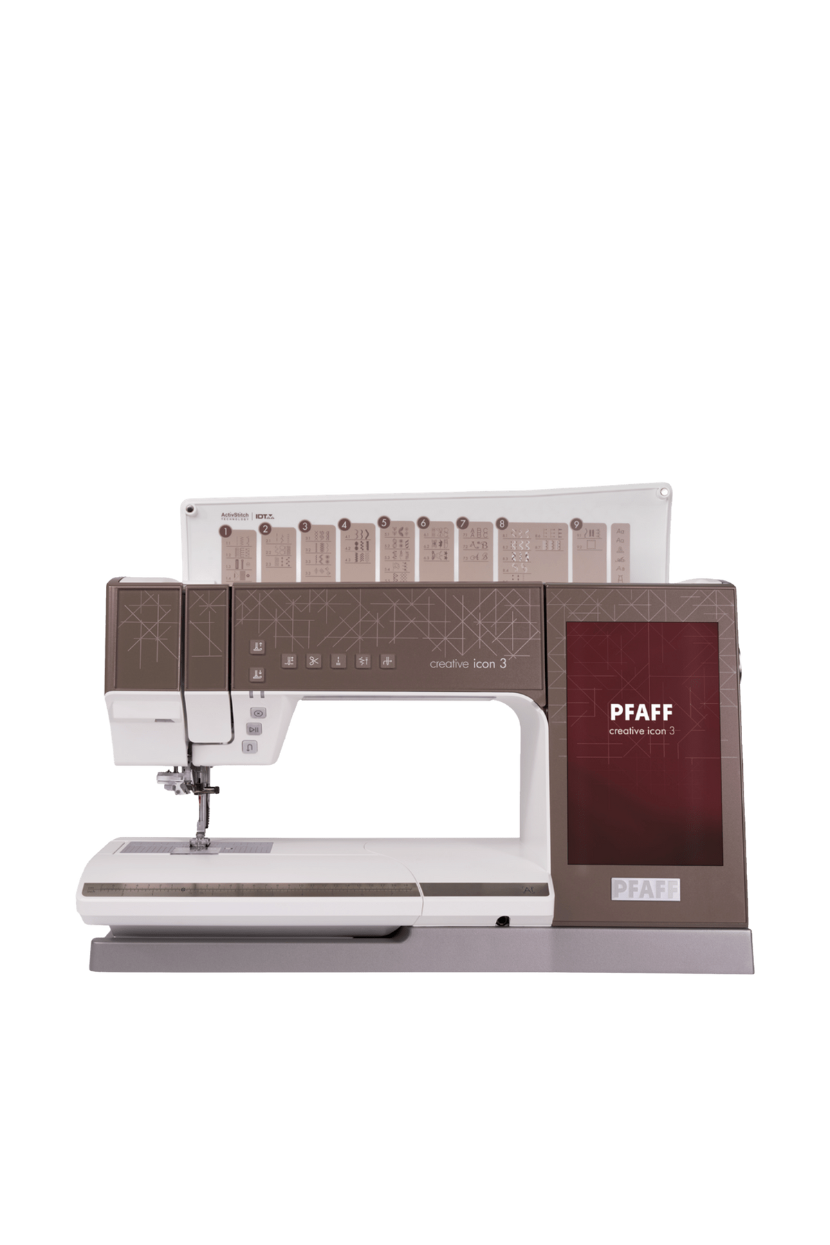 PFAFF creative icon 3 Näh- und Stickmaschine in gerader Frontansicht, freigestellt ohne Bodenschatten
