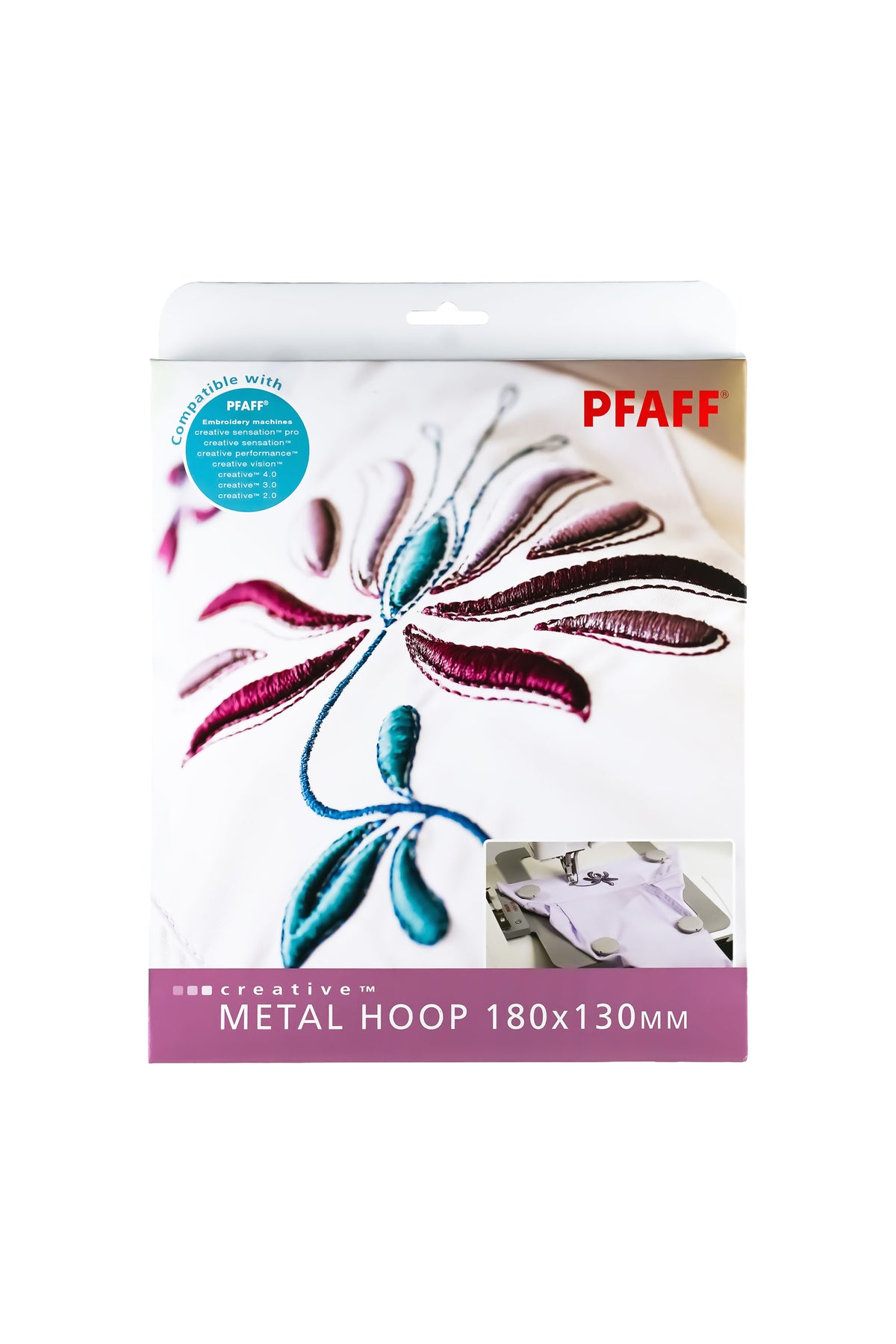 Cadre à broder magnétique en métal PFAFF « Creative Metal Hoop », 180 × 130 mm, dans son emballage d'origine complet avec motif de broderie imprimé