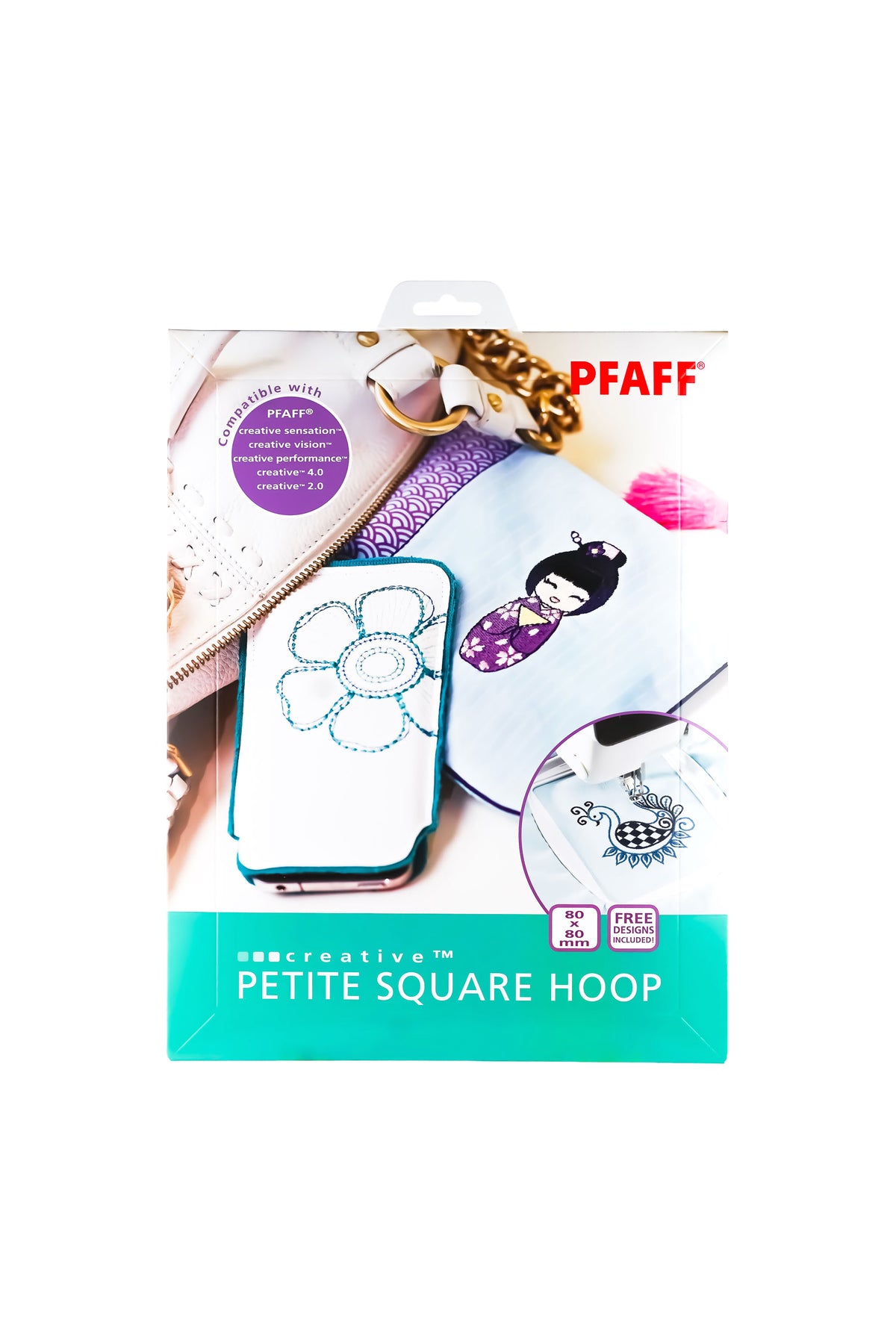 PFAFF creative Petite Square Hoop Stickrahmen 80 × 80 mm in vollständiger Originalverpackung mit aufgedruckten Stickmotiven
