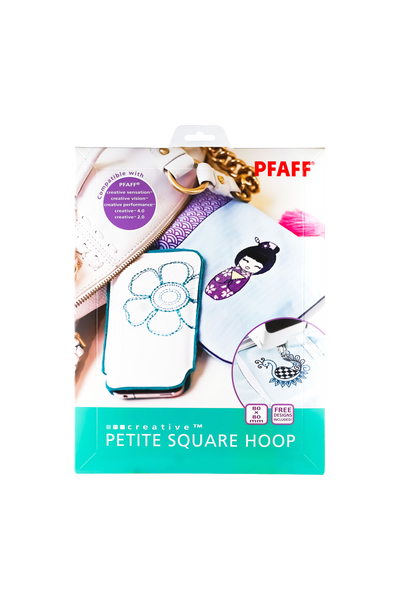 PFAFF creative Petite Square Hoop Stickrahmen 80 × 80 mm in vollständiger Originalverpackung mit aufgedruckten Stickmotiven
