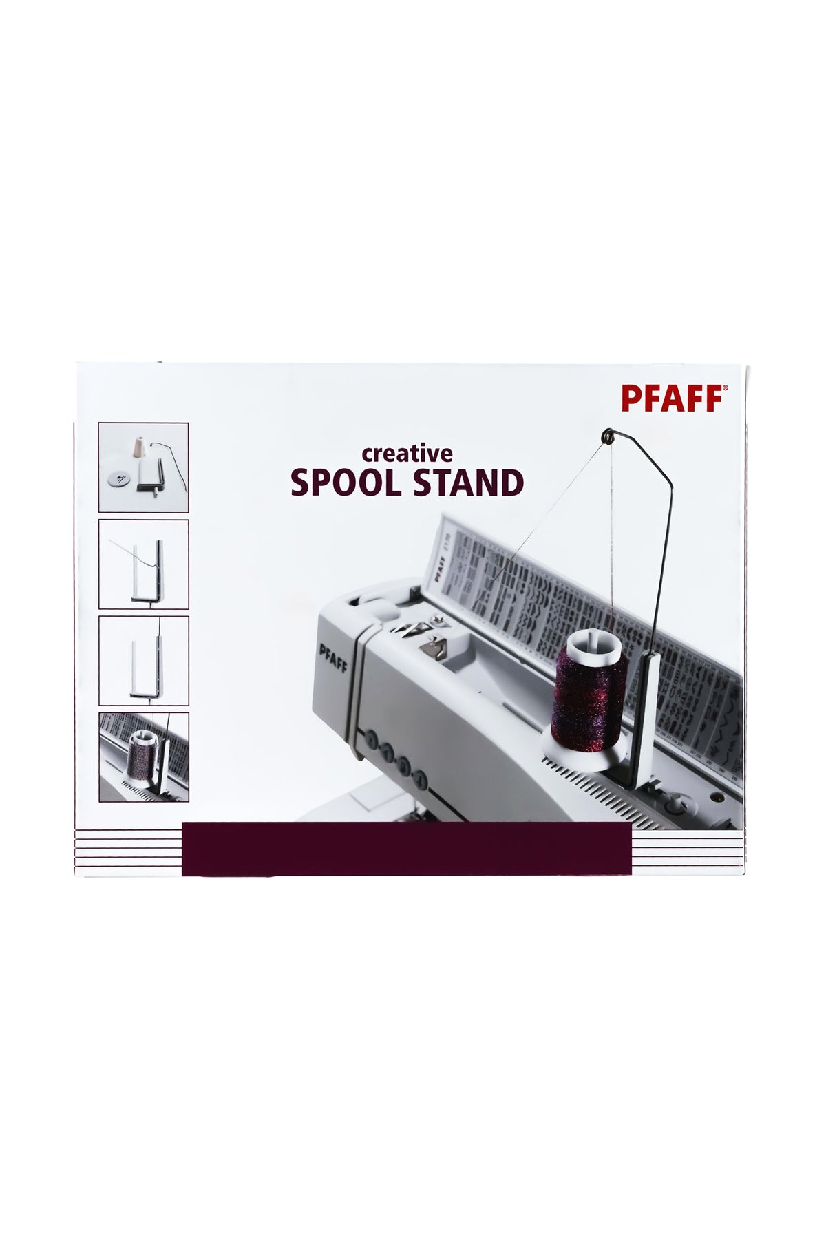 PFAFF creative Ziergarnrollenhalter für Gruppe J in vollständiger Originalbox mit aufgedruckter Anwendungsabbildung