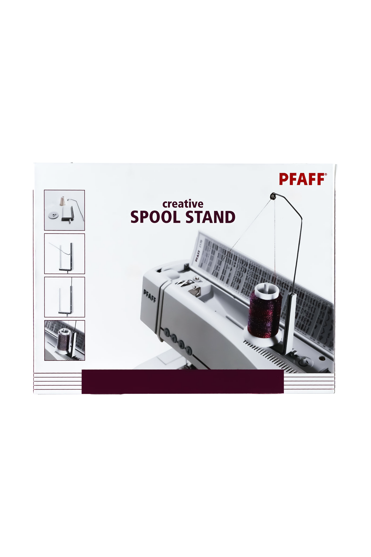PFAFF creative Ziergarnrollenhalter für Gruppe J in vollständiger Originalbox mit aufgedruckter Anwendungsabbildung