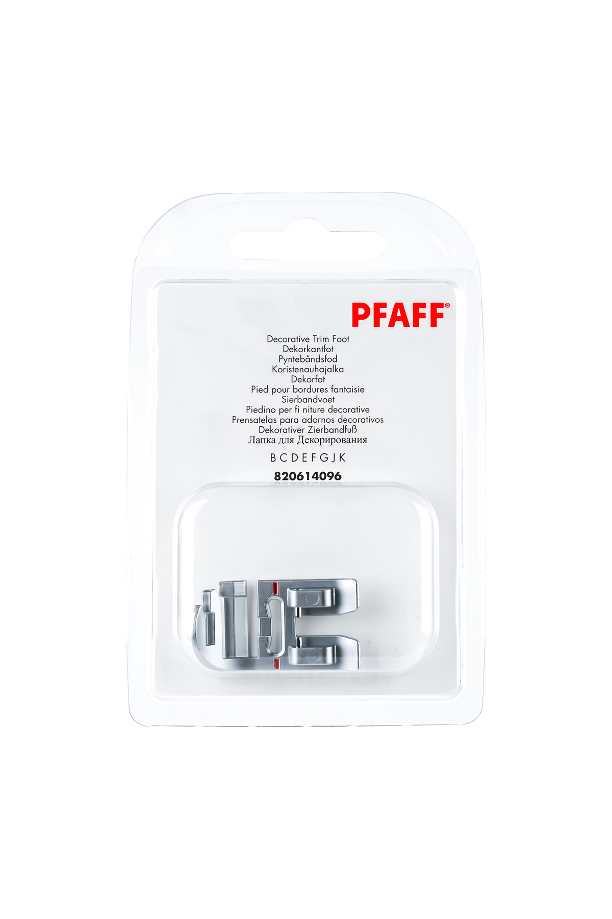 PFAFF Dekorativer Zierbandfuß für IDT-System J K L in vollständiger Originalverpackung von vorne mit sichtbarem Nähfuß