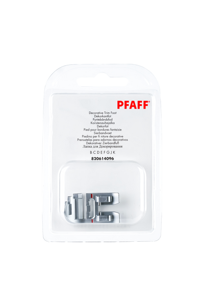 PFAFF Dekorativer Zierbandfuß für IDT-System J K L in vollständiger Originalverpackung von vorne mit sichtbarem Nähfuß