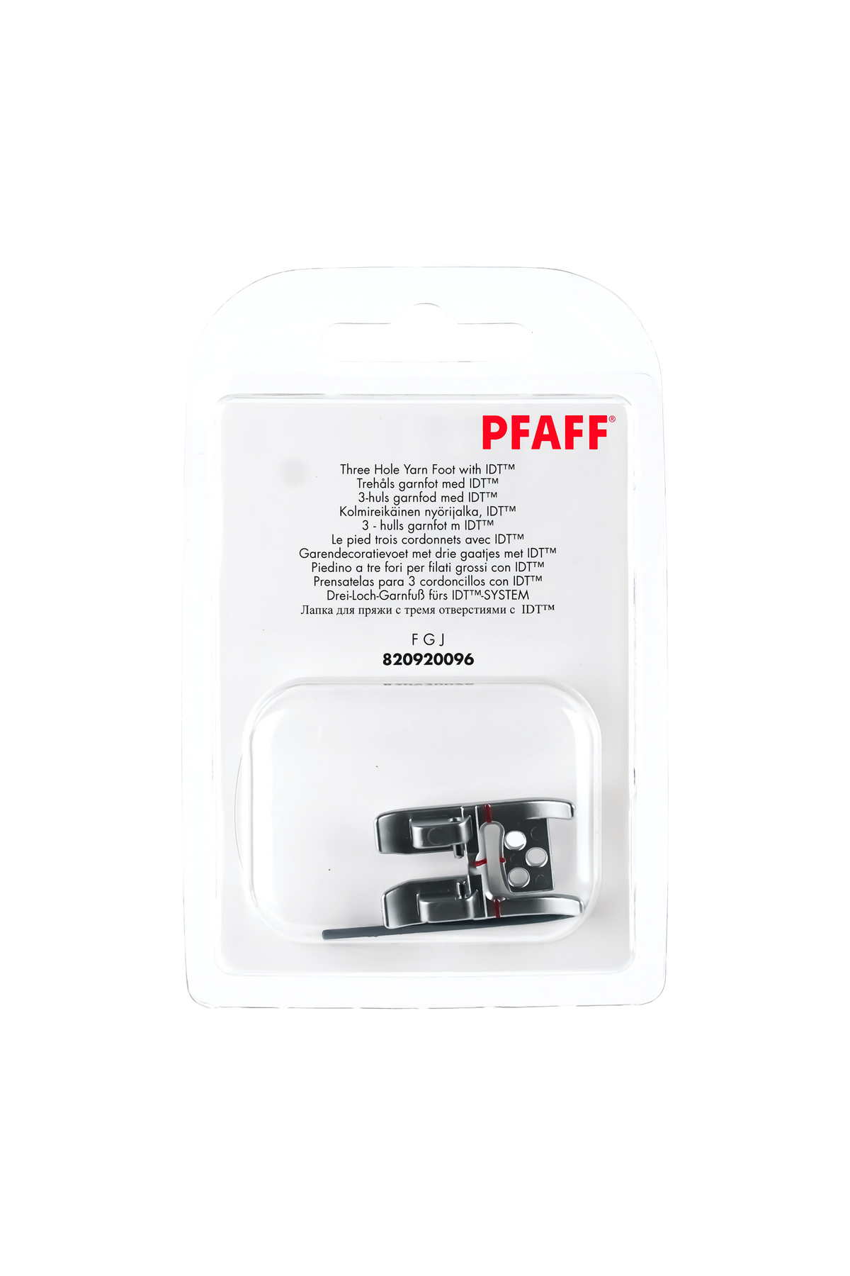 PFAFF Drei-Loch-Garnfuß für IDT-System J L in vollständiger Originalverpackung von vorne mit sichtbarem Nähfuß
