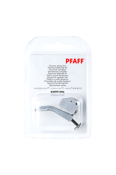 PFAFF J Dynamic Jump Foot in its original, unopened packaging, viewed from the front with the presser foot visible
