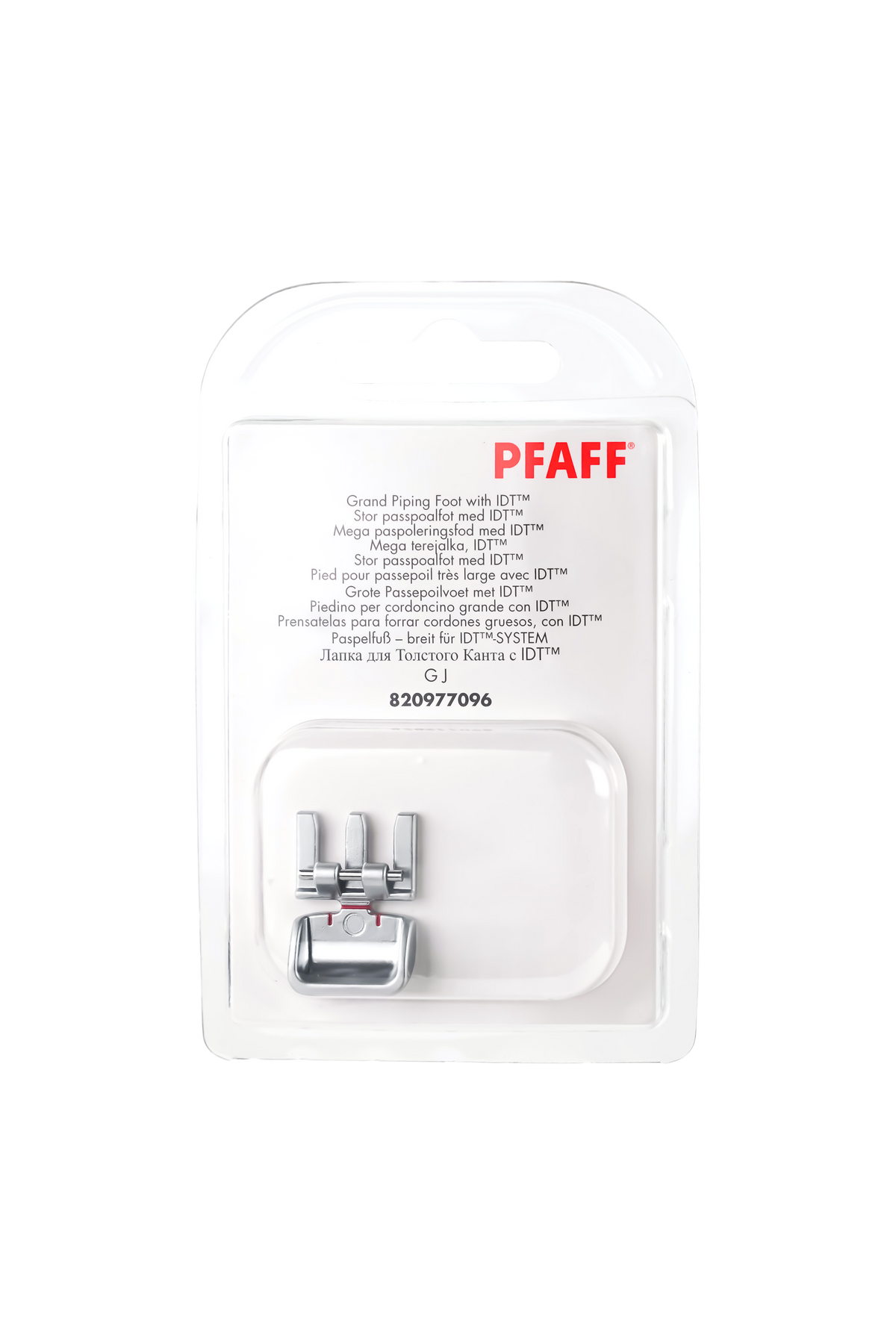 PFAFF Großer Paspelfuß für IDT-System J K L in vollständiger Originalverpackung von vorne mit sichtbarem Nähfuß