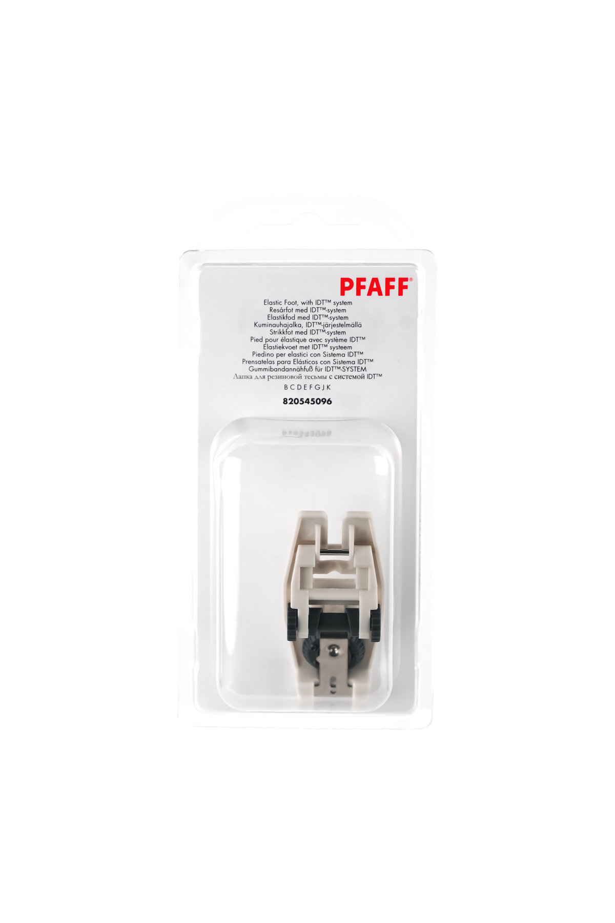 PFAFF Gummibandannähfuß für IDT-System J K L in vollständiger Originalverpackung von vorne mit sichtbarem Nähfuß