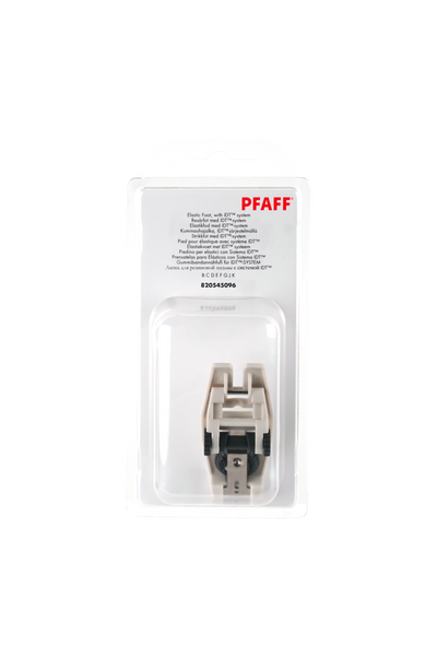 PFAFF Gummibandannähfuß für IDT-System J K L in vollständiger Originalverpackung von vorne mit sichtbarem Nähfuß