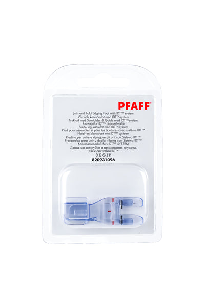 PFAFF Pied pour ourlets en biais pour le système IDT J K L, dans son emballage d'origine complet, avec le pied-de-biche visible de face