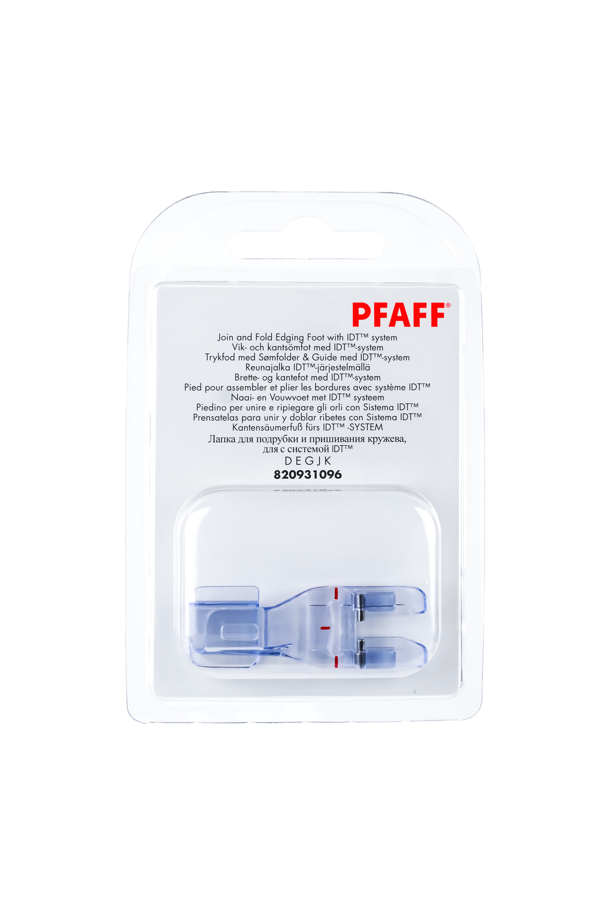 PFAFF Kantensäumerfuß für IDT-System J K L in vollständiger Originalverpackung von vorne mit sichtbarem Nähfuß