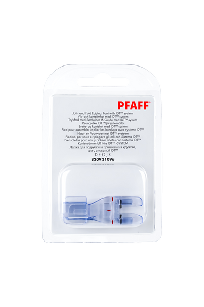 PFAFF Kantensäumerfuß für IDT-System J K L in vollständiger Originalverpackung von vorne mit sichtbarem Nähfuß