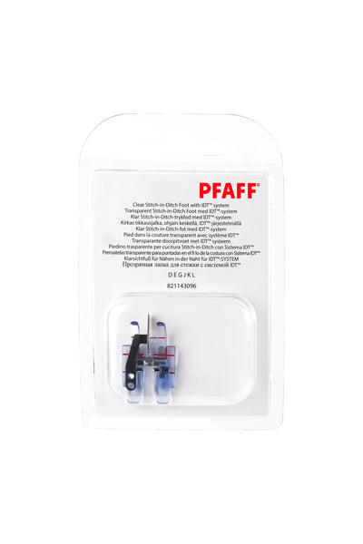PFAFF Klarsichtfuß fürs Nähen in der Naht mit IDT™ in vollständiger Originalverpackung von vorne mit sichtbarem Nähfuß
