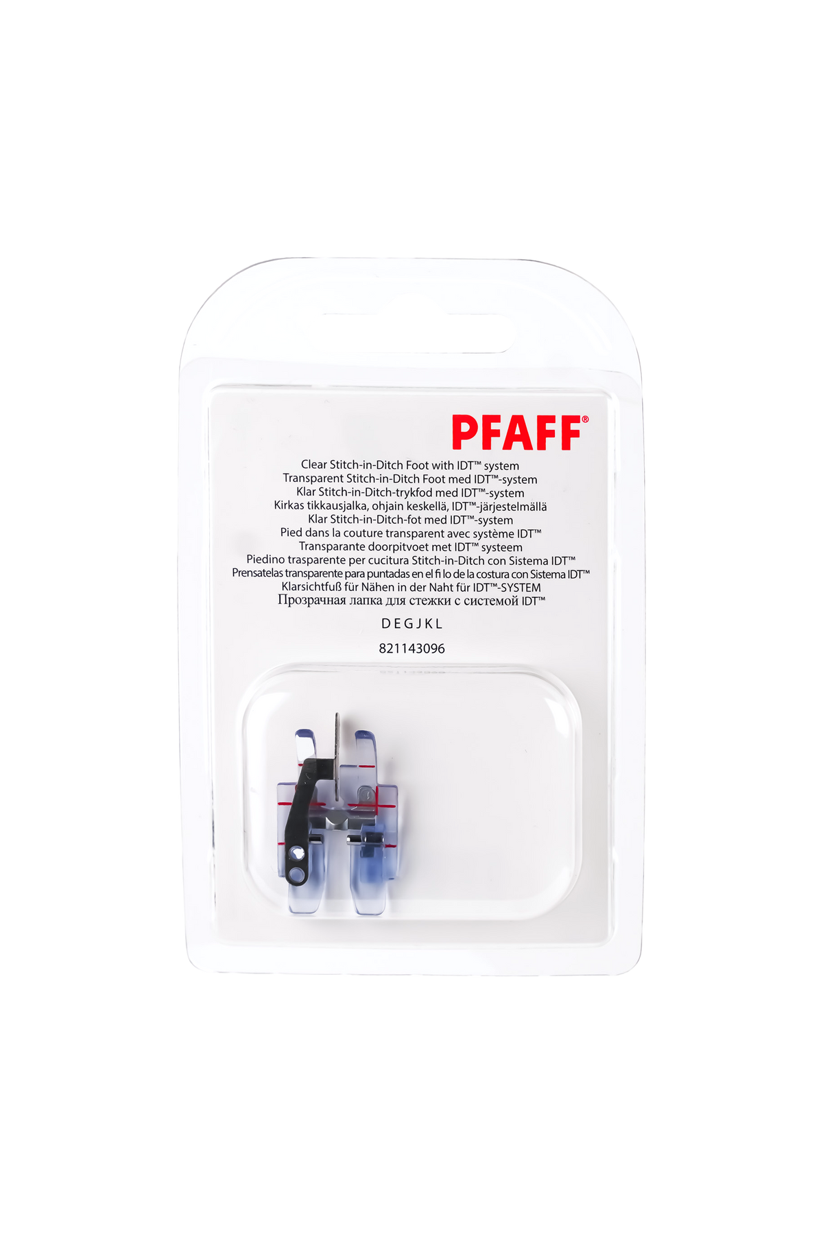 PFAFF Klarsichtfuß fürs Nähen in der Naht mit IDT™ in vollständiger Originalverpackung von vorne mit sichtbarem Nähfuß