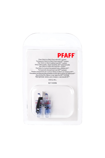 PFAFF Klarsichtfuß fürs Nähen in der Naht mit IDT™ in vollständiger Originalverpackung von vorne mit sichtbarem Nähfuß