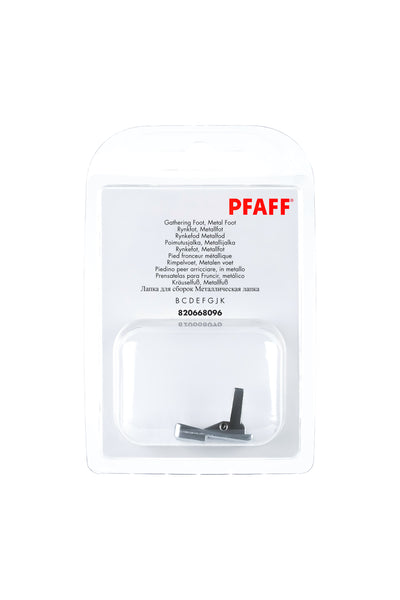 PFAFF Kräuselfuß Metall J K L in vollständiger Originalverpackung von vorne mit sichtbarem Nähfuß
