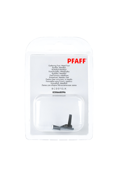 PFAFF Kräuselfuß Metall J K L in vollständiger Originalverpackung von vorne mit sichtbarem Nähfuß