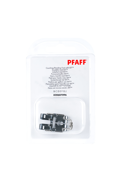 PFAFF Thread guide foot for the IDT System J K L in its original packaging, with the sewing foot visible from the front