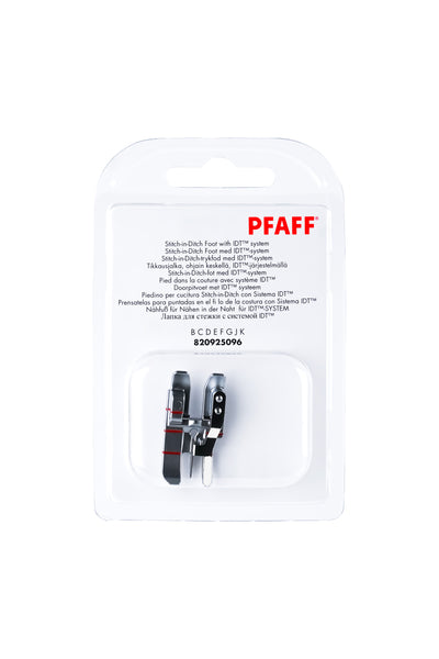 PFAFF Presser foot for sewing along the seam for the IDT system J K L, in its original packaging, viewed from the front