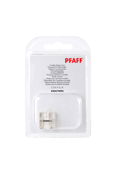 PFAFF Nahtverdeckter Reißverschlussfuß J K L in vollständiger Originalverpackung von vorne mit sichtbarem Nähfuß
