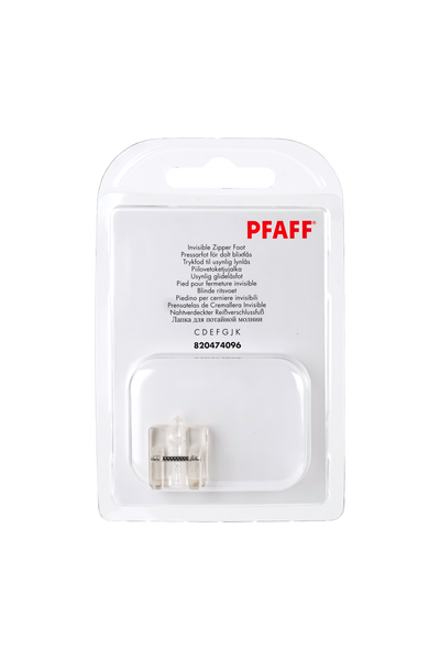 PFAFF Nahtverdeckter Reißverschlussfuß J K L in vollständiger Originalverpackung von vorne mit sichtbarem Nähfuß