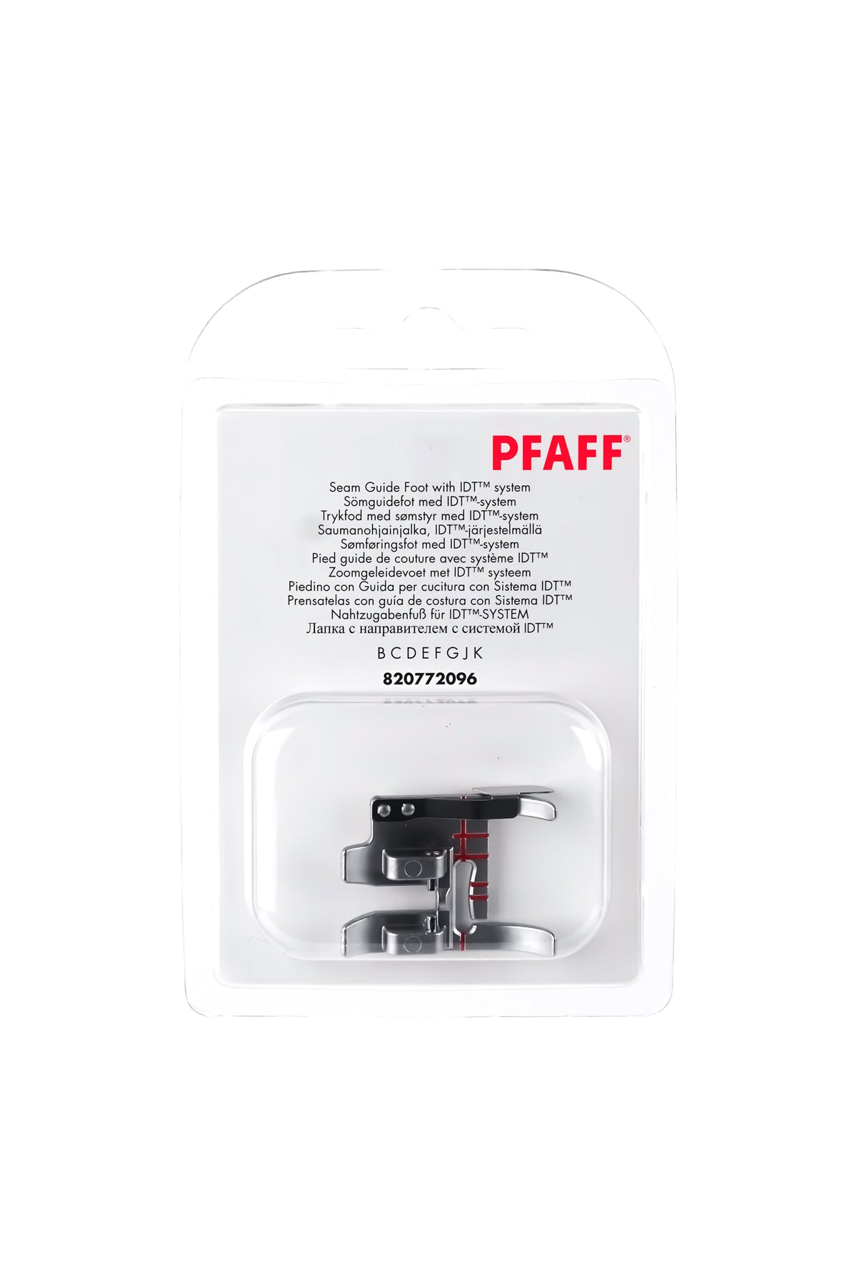 PFAFF Nahtzugabenfuß für IDT-System J K L in vollständiger Originalverpackung von vorne mit sichtbarem Nähfuß