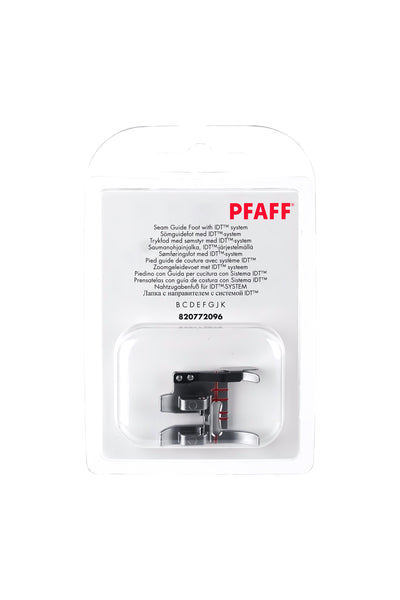 PFAFF Nahtzugabenfuß für IDT-System J K L in vollständiger Originalverpackung von vorne mit sichtbarem Nähfuß