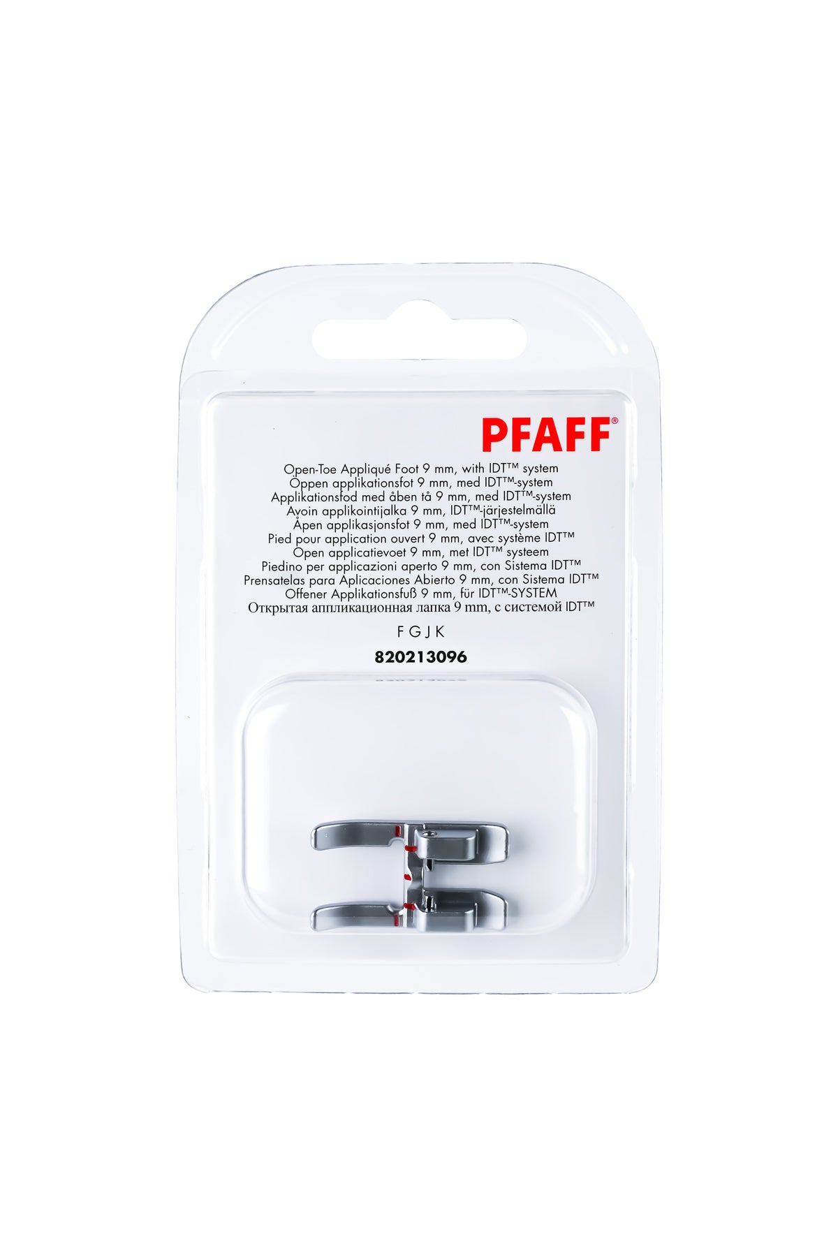 PFAFF Pied ouvert de 9 mm pour le système IDT J K L, dans son emballage d'origine complet, avec le pied-de-biche visible de face
