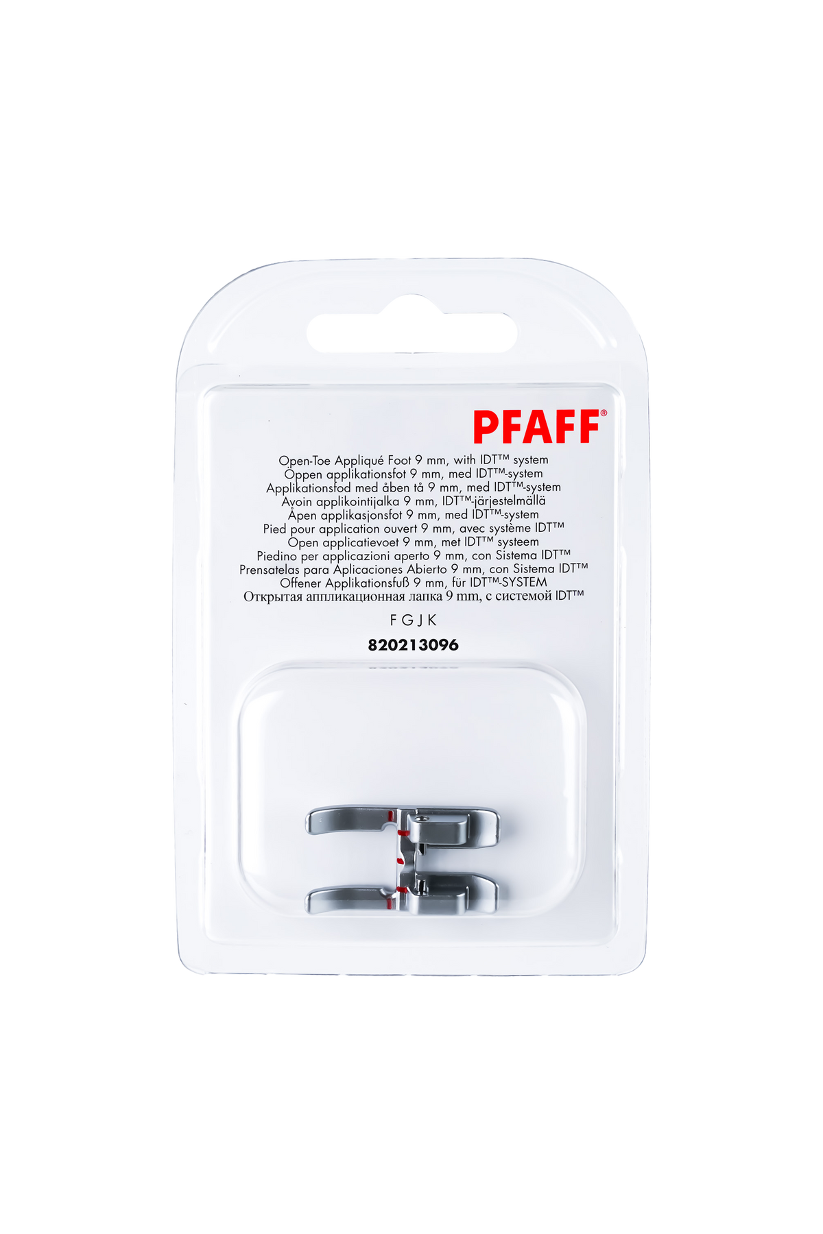 PFAFF Offener Applikationsfuß 9 mm für IDT-System J K L in vollständiger Originalverpackung von vorne mit sichtbarem Nähfuß