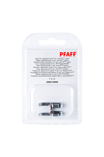 PFAFF Offener Applikationsfuß 9 mm für IDT-System J K L in vollständiger Originalverpackung von vorne mit sichtbarem Nähfuß