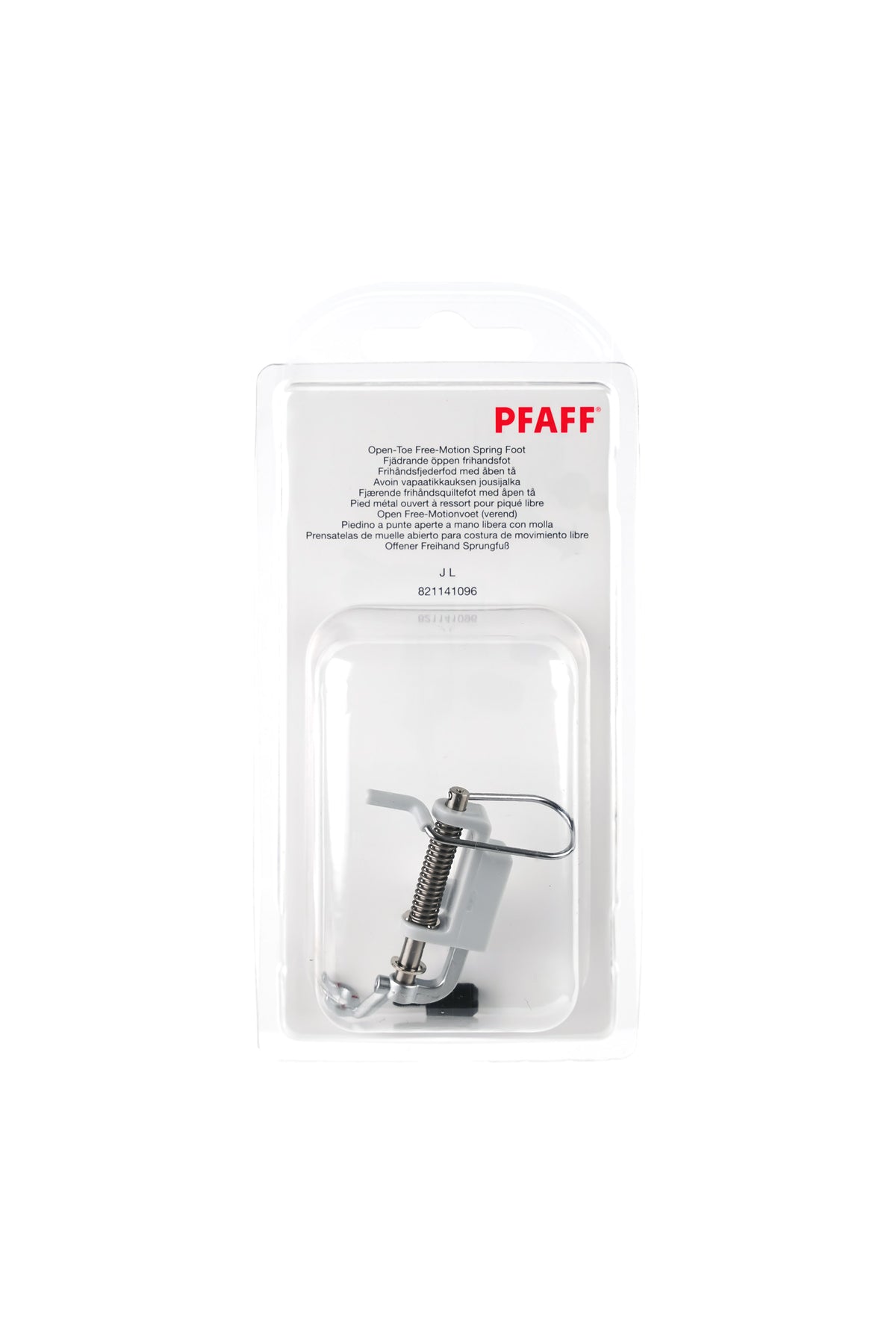 PFAFF Pied de surjet ouvert « mains libres » J L, dans son emballage d'origine complet, avec le pied-de-biche visible de face