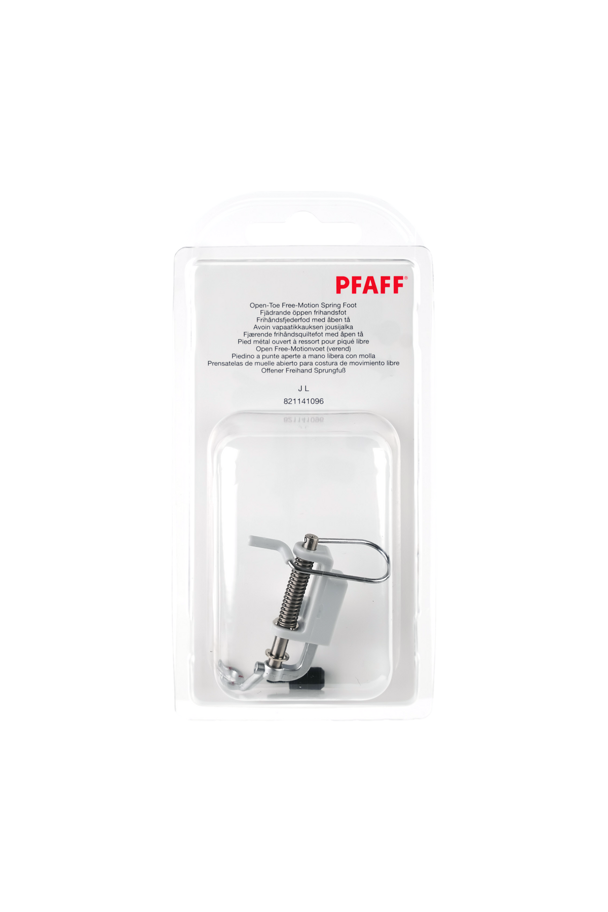 PFAFF Offener Freihand-Sprungfuß J L in vollständiger Originalverpackung von vorne mit sichtbarem Nähfuß