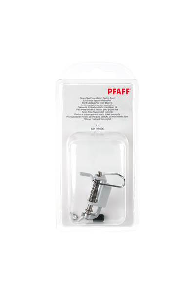 PFAFF Offener Freihand-Sprungfuß J L in vollständiger Originalverpackung von vorne mit sichtbarem Nähfuß