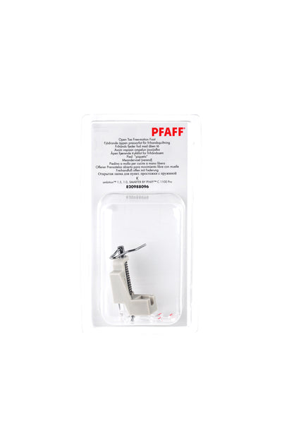 PFAFF Open-toe free-motion presser foot K in its original, unopened packaging, viewed from the front with the presser foot visible