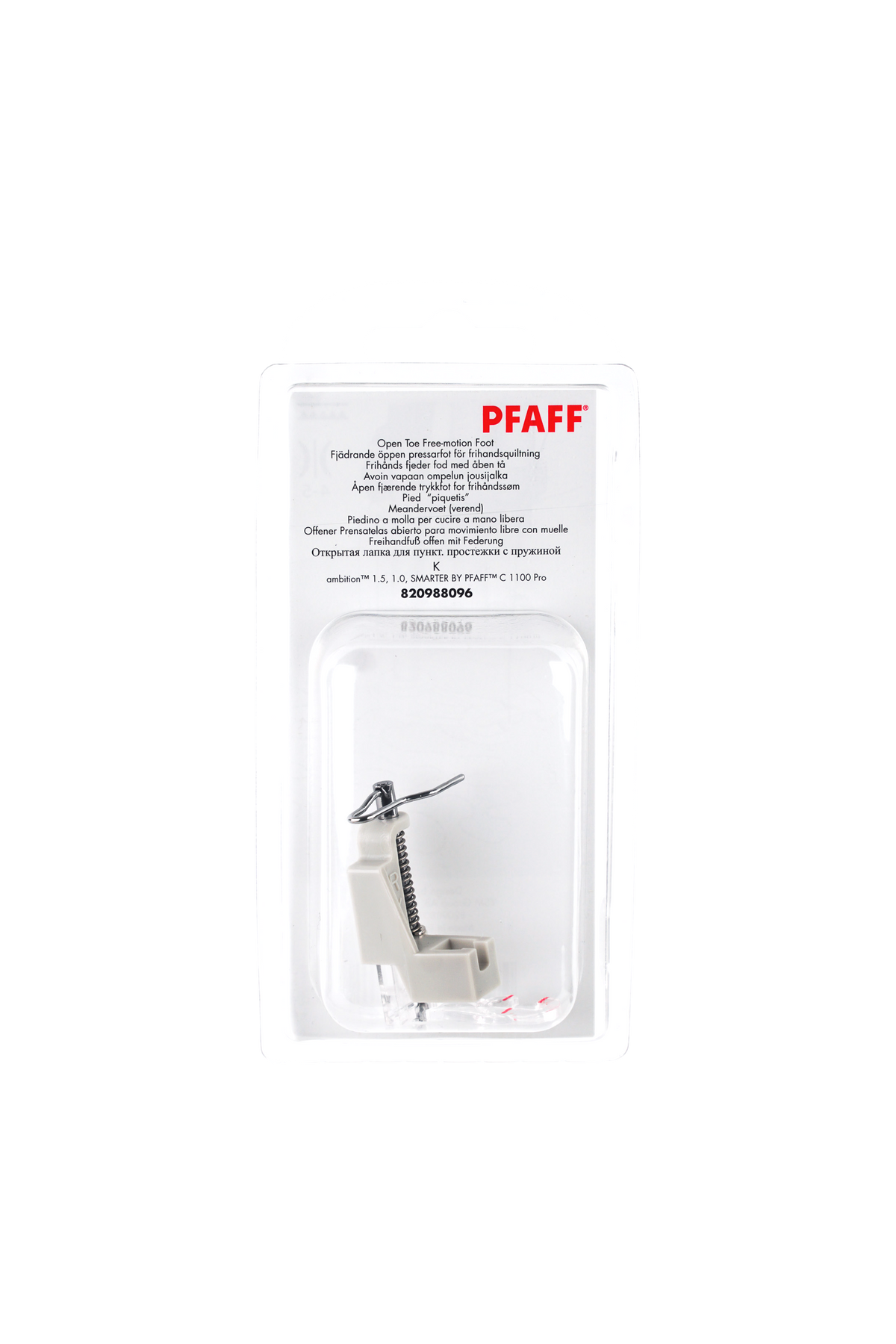 PFAFF Offener Freihandfuß K in vollständiger Originalverpackung von vorne mit sichtbarem Nähfuß