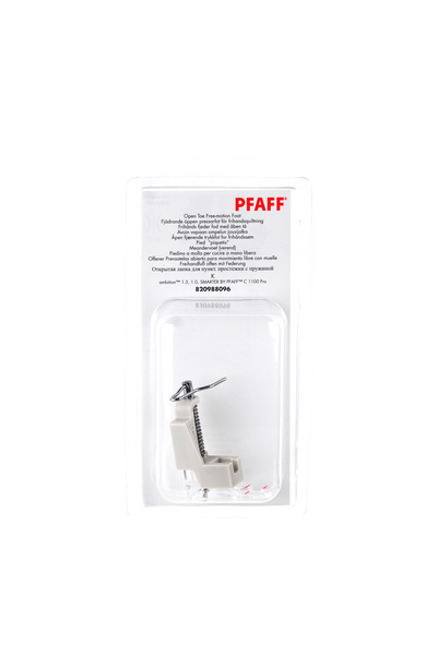 PFAFF Offener Freihandfuß K in vollständiger Originalverpackung von vorne mit sichtbarem Nähfuß