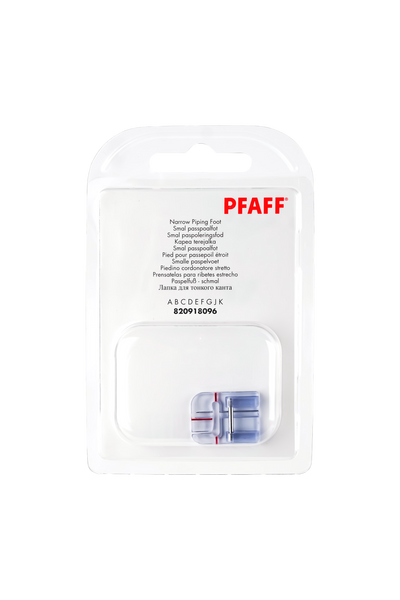 PFAFF Narrow Basting Foot J K L in its original, complete packaging, viewed from the front with the presser foot visible